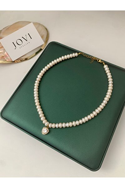 JOVİ ATELİER Sertifikalı Doğal Rondela Kadın İnci Kolye | Beyaz Kalp Charm