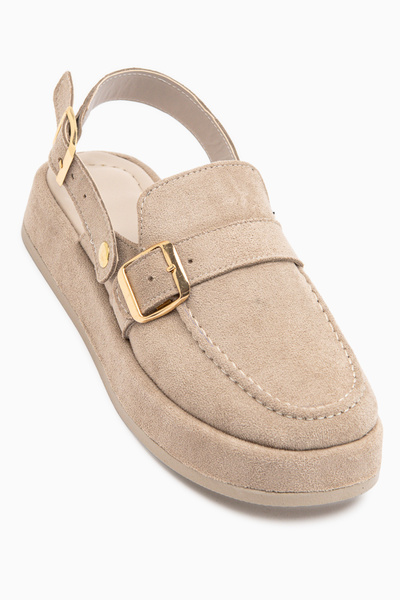 Limoya Gity Beige Suede Double Buckle Women's Slingback Loafer Shoes