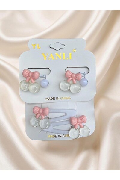 happyaksesuar Kiraz Figürlü Çocuk Toka Set Çıtçıtlı ve Lastik Beyaz
