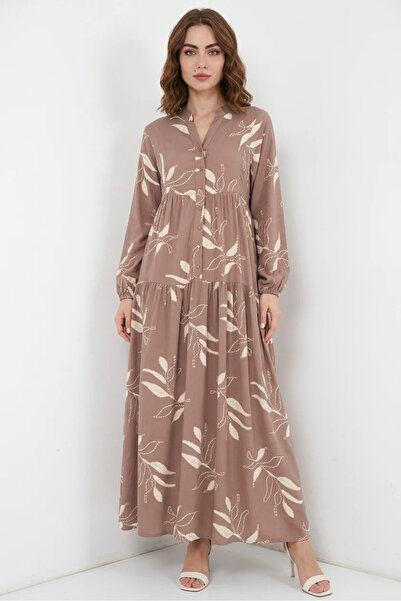 Efnaz style Women's Shirt Collar, Gathered Waist, Leaf Patterned Viscose Mink...
