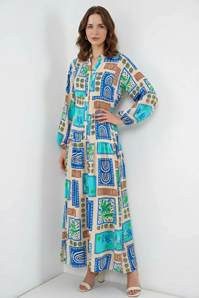 buğrahayalin Women's Shirt Collar Patterned Viscose Turquoise Hijab Dress