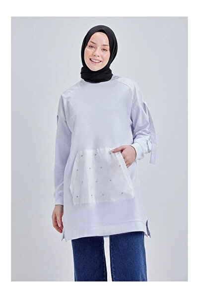LC Waikiki Nevavm White-Cotton Garnished Stone Detailed Sweat Tunic