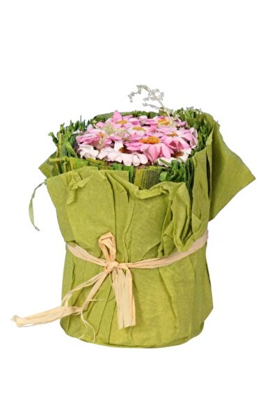 Goliat Buchet de flori din hârtie, verde cu flori roz, 12 cm
