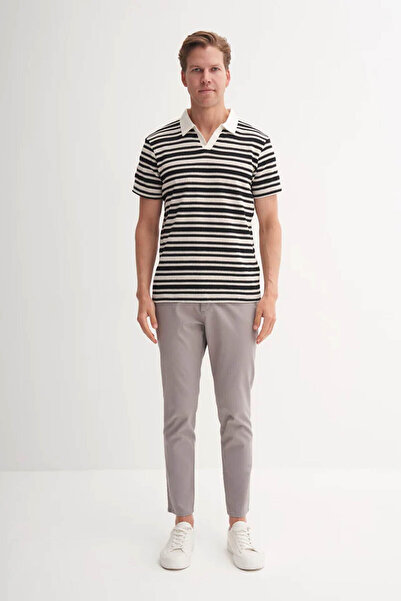 Cazador Regular Fit Knitted Striped Black Men's Polo Neck T-Shirt 40330