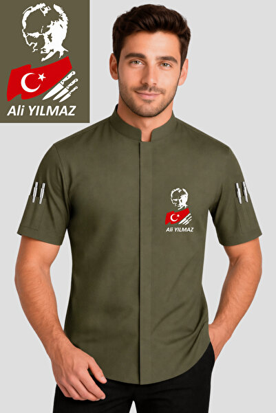Üniformanya İsim Atatürk Türk Bayrağı Bıçak Nakışlı Haki Yeşili Kısa Kollu Aş...