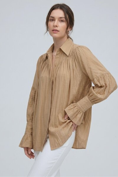Saade Dark Mink Women's Oversized Gathered Off-Shoulder Textured Shirt - Cuff...