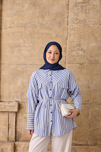 LOCCO Women's Striped Patterned Waist-Tie Shirt Blue