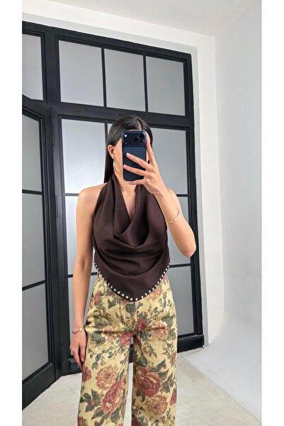GAUS CO Acı Kahve Staple Detailed Elastic Waist Premium Crop Gaus-01488