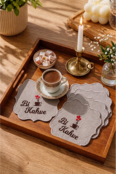 Teksev 6'lı Set Bi Kahve Yazılı Gri Keten Kumaş Kahve Yanı Sunum Peçetesi Kok...