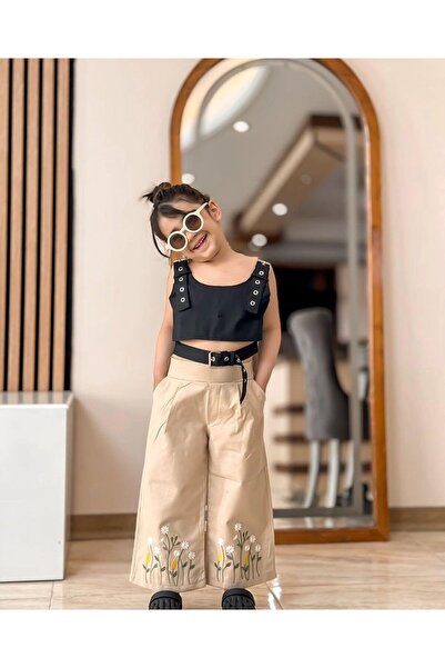 Sy Store Girl's Embroidery Detailed Crop Top and Wide-Leg Pants Set
