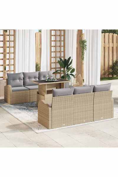 vidaxl Set de canapele pentru gradina cu perna 7 pcs Bej Rattan poli