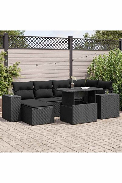 vidaxl Set canapele de gradina cu perne, 7 piese, negru, poliratan