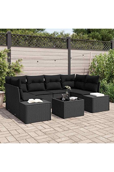 vidaxl Set de canapele pentru gradina cu perna 8 pcs Negru poliratan