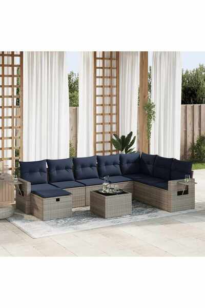 vidaxl Set canapele de gradina, 9 piese, cu perne, gri, poliratan