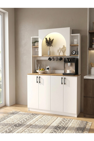dorpek 4 Kapaklı LED’li Mutfak Dolabı – Kahve Köşesi Çok Amaçlı Dolap Beyaz 120 cm | Afrodis