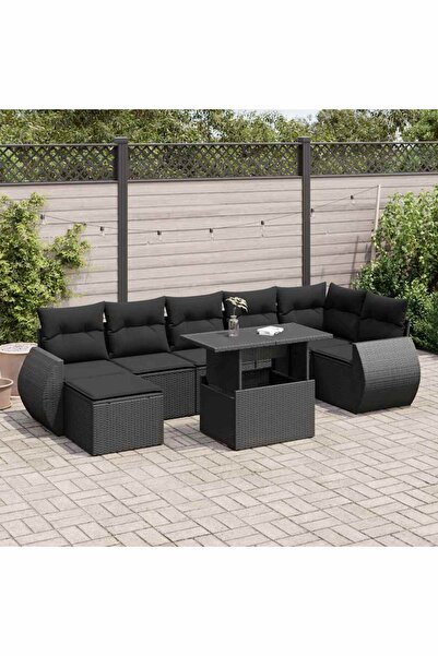 vidaxl Set mobilier de gradina cu perne, 8 piese, negru, poliratan