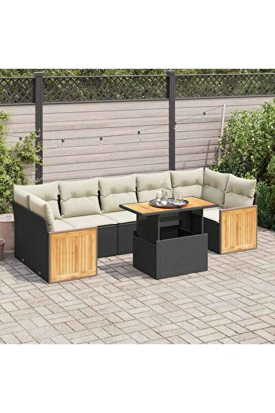 vidaxl Set mobilier gradina perne 8 piese negru, poliratan/lemn acacia