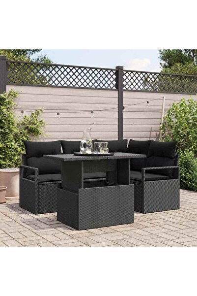 vidaxl Set de canapele pentru gradina cu perna 5 pcs Negru Rattan poli