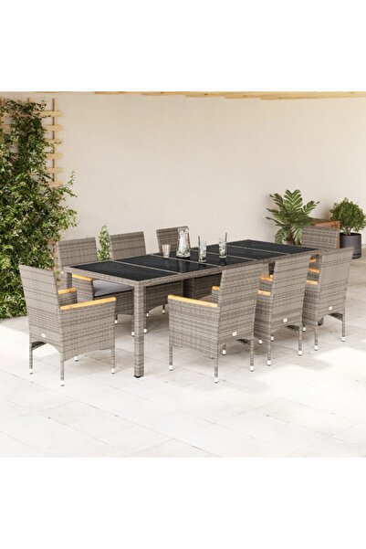 vidaxl Set mobilier de gradina cu perne 9 piese gri poliratan & sticla