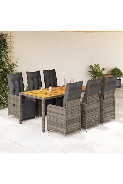 vidaxl Set bistro de gradina cu perne, 7 piese, gri, poliratan