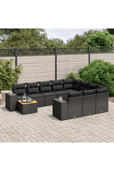 vidaxl Set canapele de gradina cu perne, 11 piese, negru, poliratan