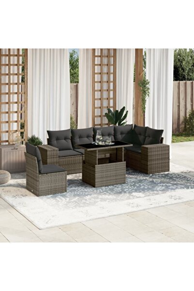 vidaxl Set canapele de gradina, 7 piese, cu perne, gri, poliratan