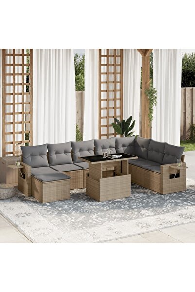 vidaxl Set canapele de gradina, 9 piese, cu perne, bej, poliratan