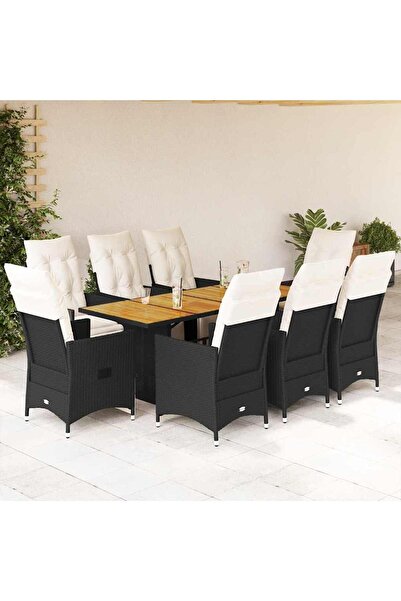 vidaxl Set mobilier de gradina cu perne, 9 piese, negru, poliratan