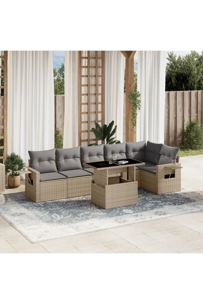 vidaxl Set canapele de gradina, 7 piese, cu perne, bej, poliratan