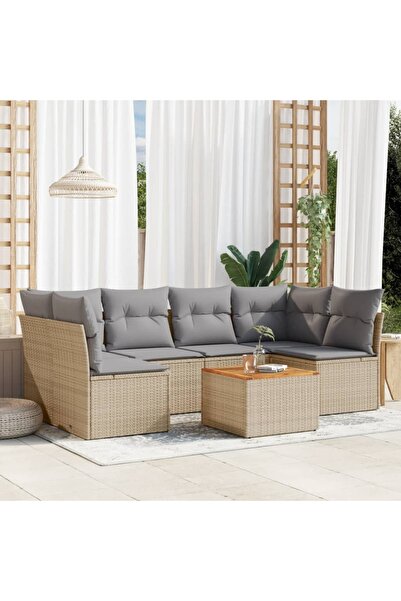vidaxl Set canapele de gradina, 7 piese, cu perne, bej, poliratan