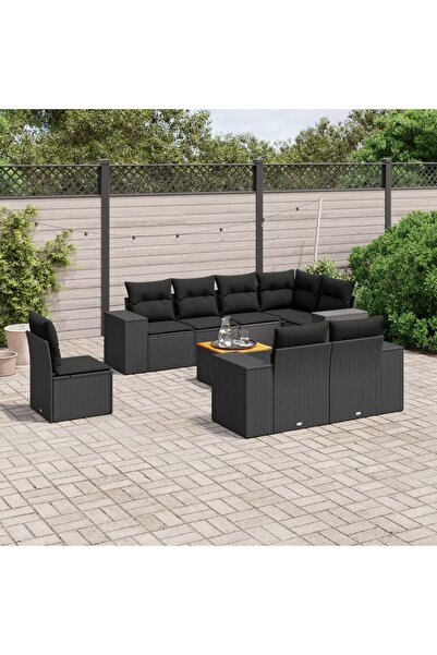 vidaxl Set mobilier de gradina cu perne, 9 piese, negru, poliratan