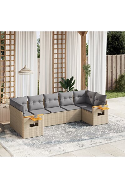vidaxl Set canapele de gradina, 7 piese, cu perne, bej, poliratan