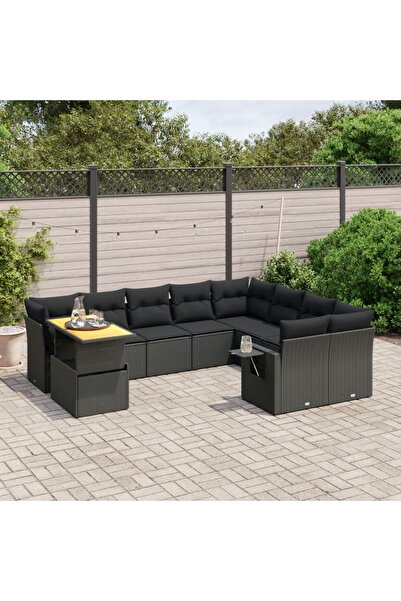 vidaxl Set canapele de gradina cu perne, 10 piese, negru, poliratan