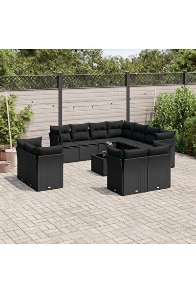 vidaxl Set canapele de gradina, 12 piese, cu perne, negru, poliratan