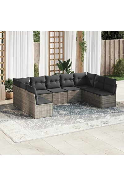 vidaxl Set canapele de gradina, 9 piese, cu perne, gri, poliratan