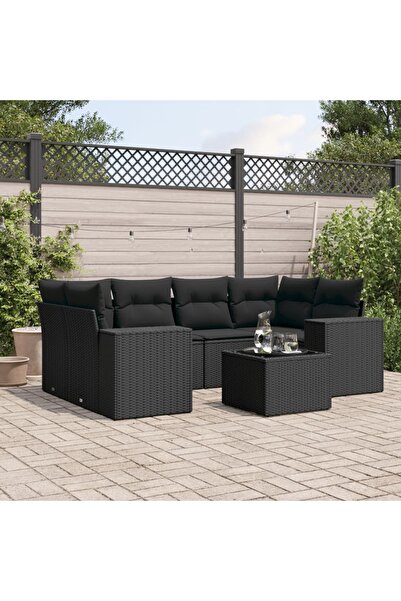 vidaxl Set canapele de gradina cu perne, 7 piese, negru, poliratan