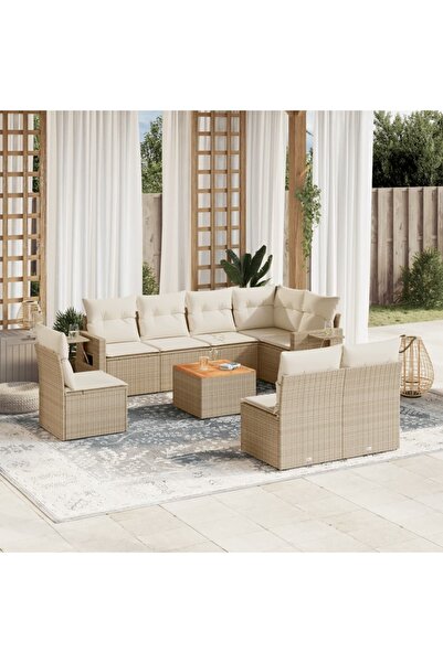 vidaxl Set canapele de gradina, 9 piese, cu perne, bej, poliratan