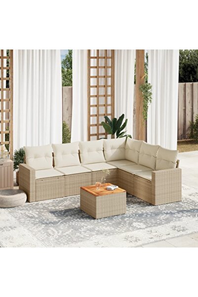 vidaxl Set canapele de gradina, 7 piese, cu perne, bej, poliratan