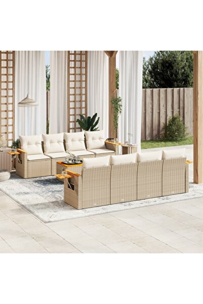 vidaxl Set canapele de gradina, 9 piese, cu perne, bej, poliratan