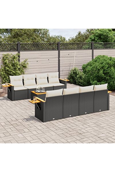 vidaxl Set mobilier de gradina cu perne, 9 piese, negru, poliratan
