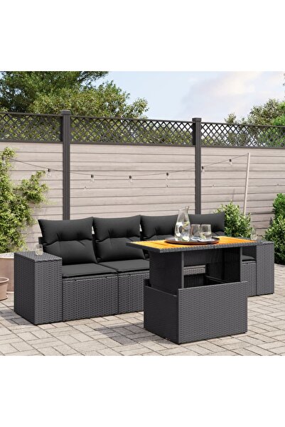 vidaxl Set mobilier de gradina cu perne, 5 piese, negru, poliratan