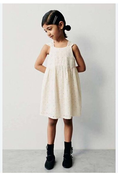 connemara Girl's Ecru Scallop Dress with Straps, Summer Cotton Stylish Dress