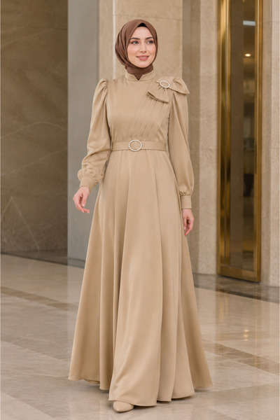 FERHEL Women's Draped Satin Evening Dress with Bow Brooch - Beige
