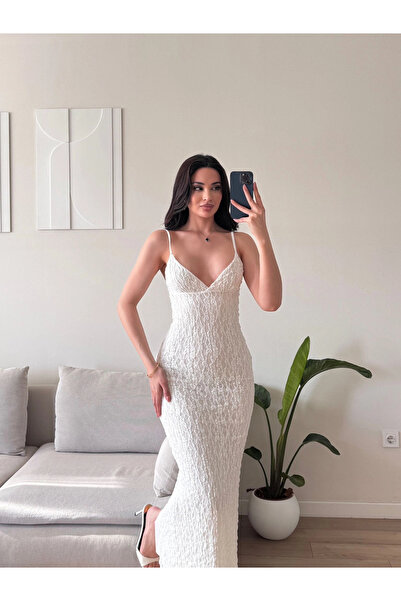 Zoom Butik Astarlı Yırtmaç Detay Dantel Elbise - BEYAZ
