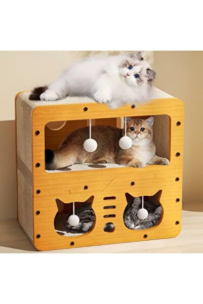 ART3 Ahşap İki Katlı Kedi Evi ve Tırmalama Tahtası - Lüks Dekoratif Kedi Yuva...