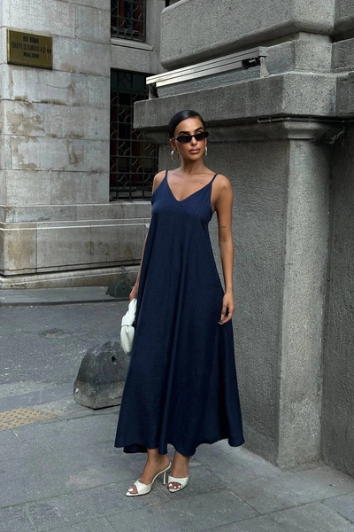 esilamoda Women's Blue Rope Strap Linen Dress