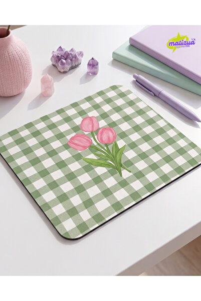 matizya Yeşil Kareli Lale Desenli Kare Mouse Pad Kaymaz Tabanlı Aesthetic Mou...