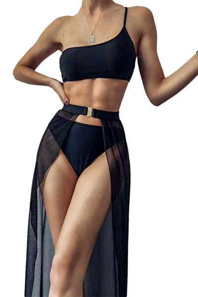 VeeShop Three-piece swimsuit, asymmetrical bustier, classic briefs and belted...