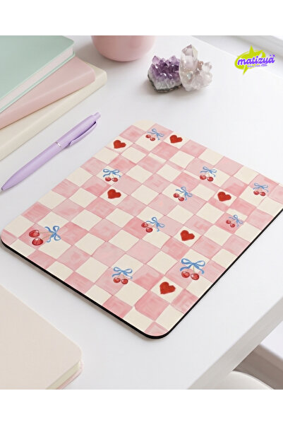 matizya Pembe Kareli Kiraz ve Kalp Desenli Kare Mouse Pad Kaymaz Tabanlı Aest...