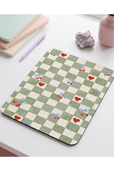 matizya Yeşil Kareli Kiraz ve Kalp Desenli Kare Mouse Pad Kaymaz Tabanlı Aest...